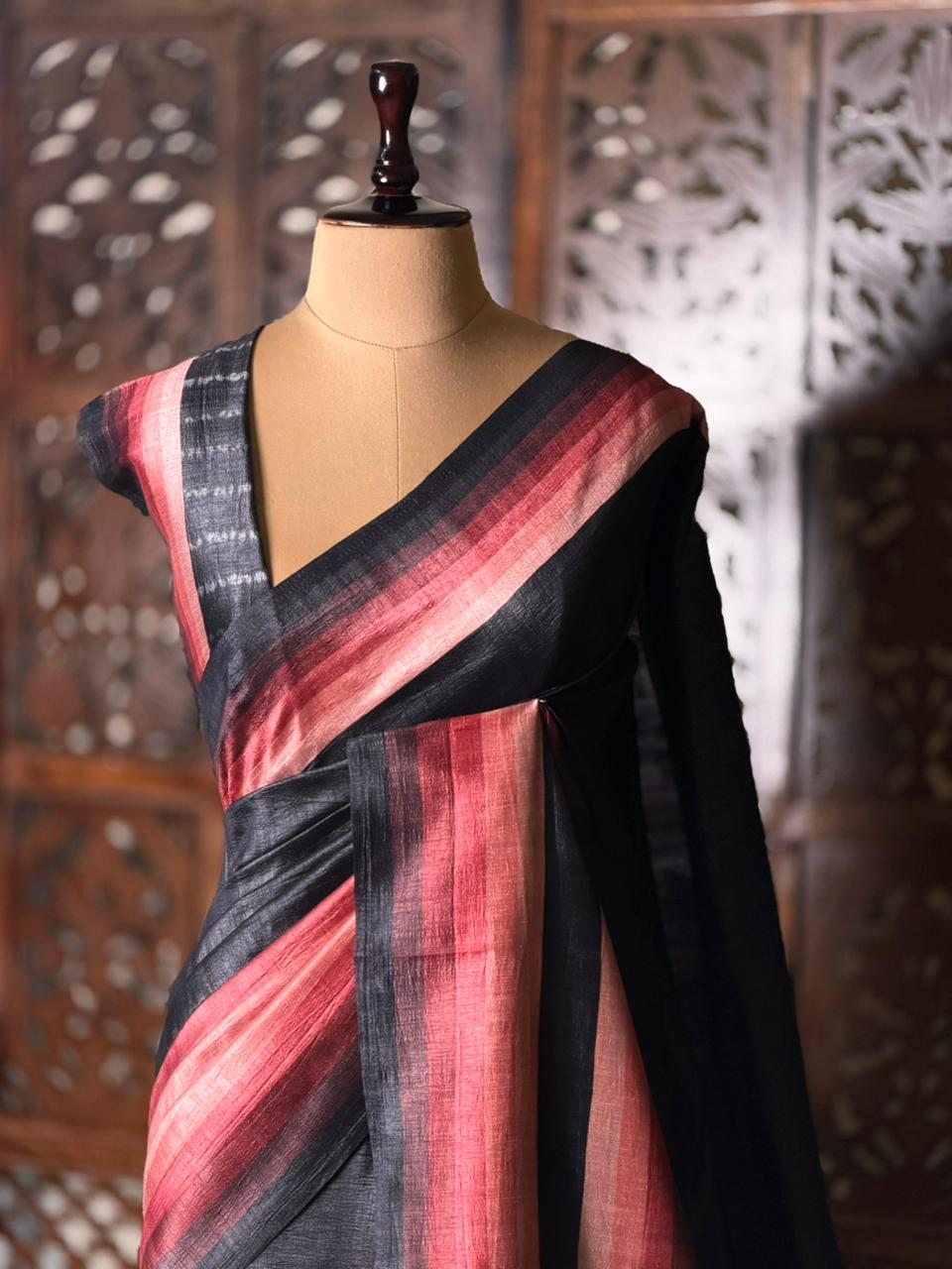 Black tusser silk saree- PBR44B