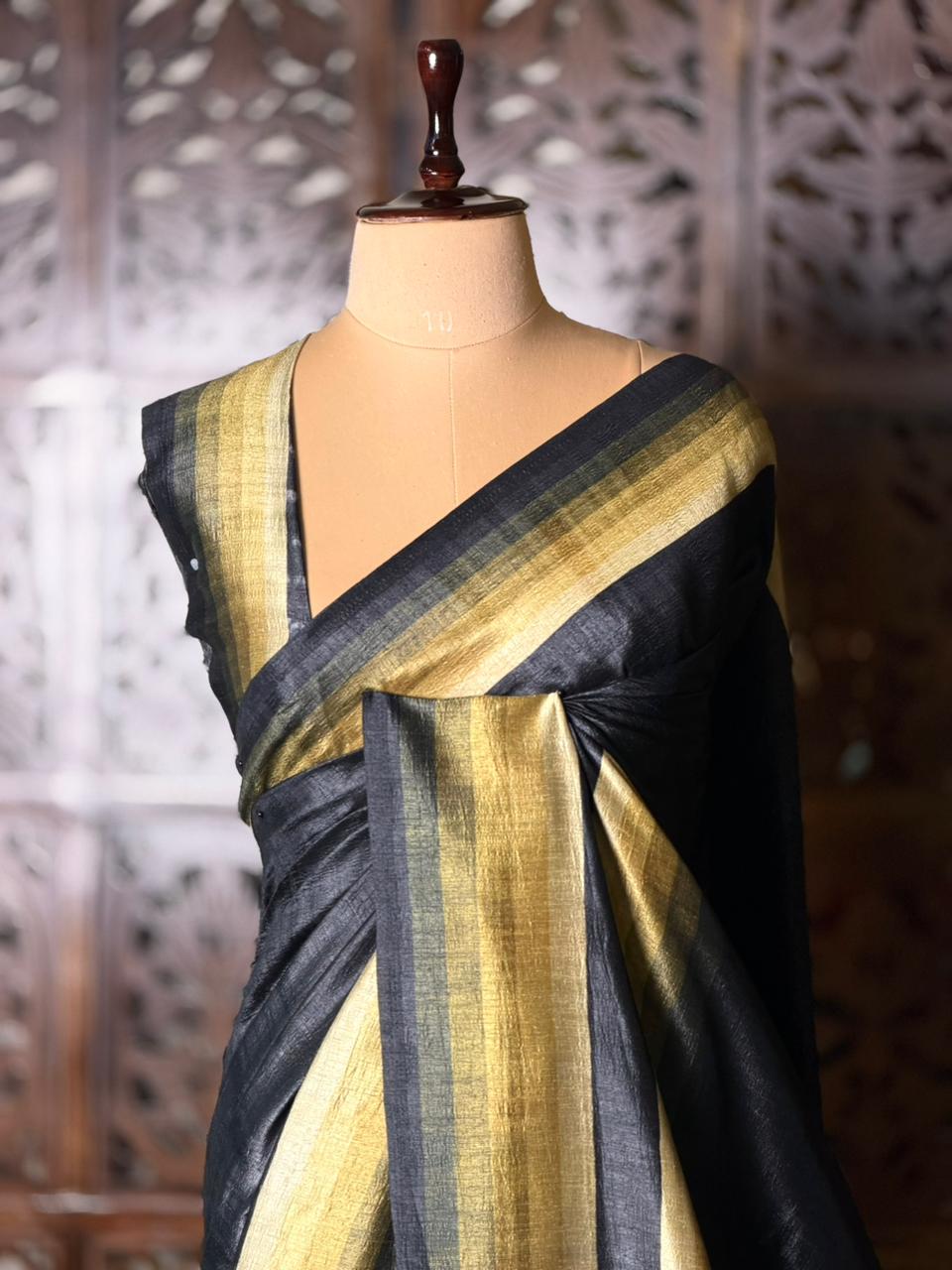 Black tusser silk saree- PBR44A