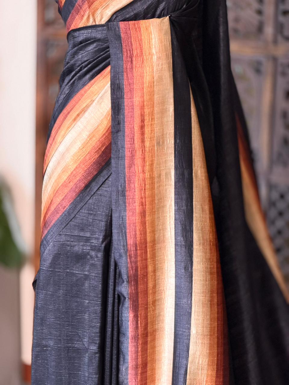Black tusser silk saree- PBR44C