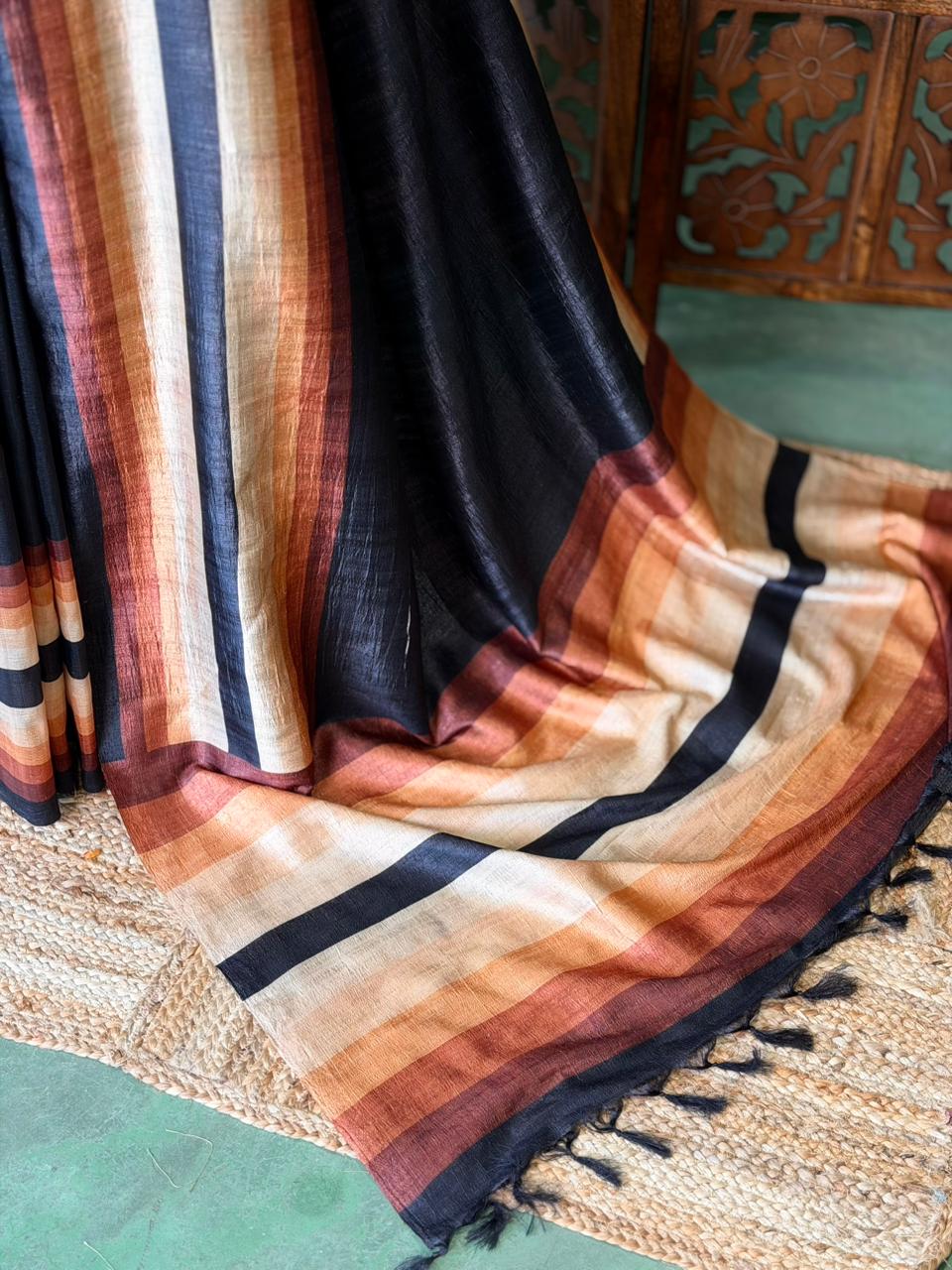 Black tusser silk saree- PBR44C