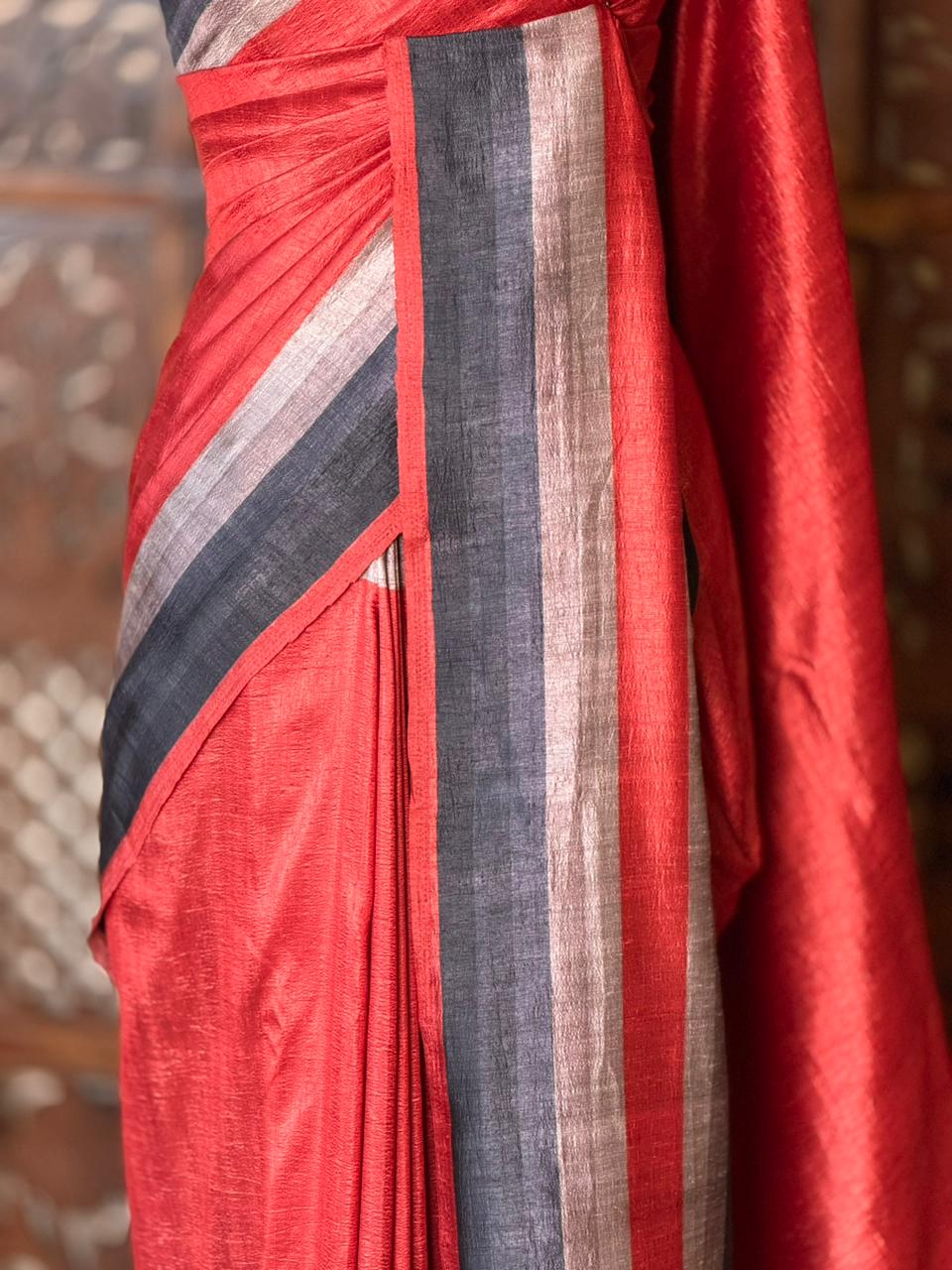 Brick red tusser silk saree- PBR44D