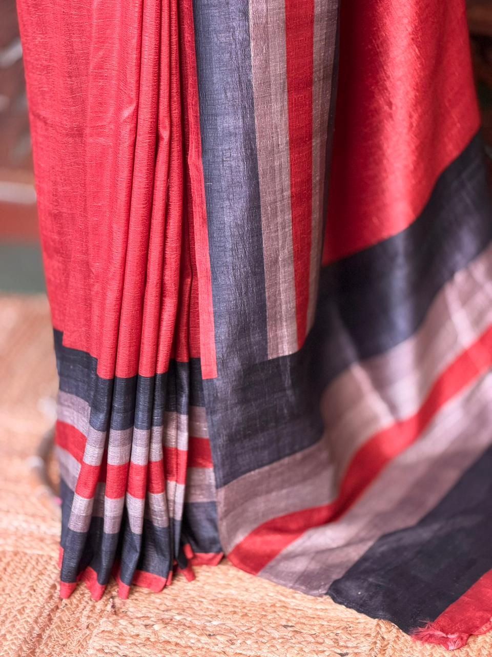 Brick red tusser silk saree- PBR44D