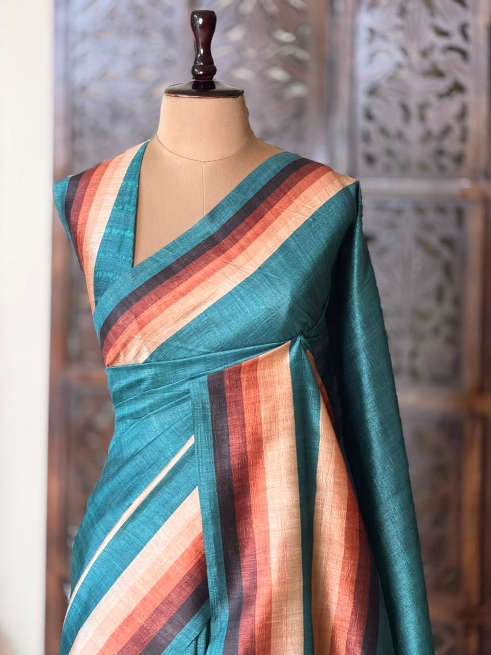 Blue tusser silk saree- PBR44E