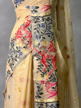 Sandal jamdani cotton silk saree- PBR47A
