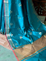 Peacock Blue Semi Raw mango silk saree- PBR50B