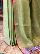 Green and lavender Linen tissue saree: PBR53
