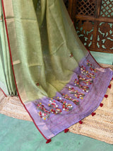 Green and lavender Linen tissue saree: PBR53
