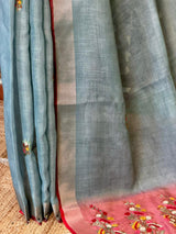 Greyish Blue and Peach Linen tissue saree: PBR53A