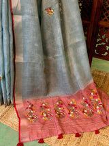 Greyish Blue and Peach Linen tissue saree: PBR53A
