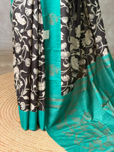 Black and aqua blue jute saree- PBR58