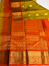 Olive green and rust orange Pure Vintage Kanchipuram Silk saree - PPURE115