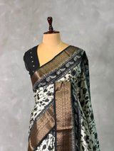 White and black Dola silk saree- PBR57F1