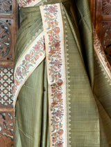 Olive Green Tusser Silk saree- PBR63K