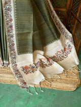 Olive Green Tusser Silk saree- PBR63K