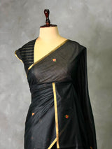 Black Chanderi silk cotton Jamdani woven saree- PBRJ10