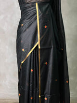 Black Chanderi silk cotton Jamdani woven saree- PBRJ10