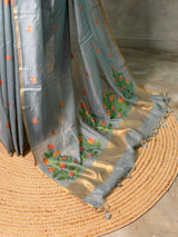 Grey Chanderi silk cotton Jamdani woven saree- PBRJ20