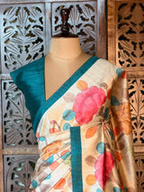 Sandal and Peacock Blue Tusser saree- PBR31T2H