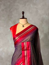 Navy Blue and Red chanderi cotton silk saree -PFAZ18C