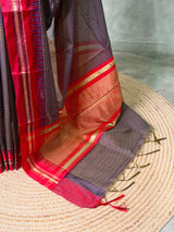 Navy Blue and Red chanderi cotton silk saree -PFAZ18C