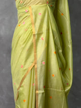 Pastal green Chanderi silk cotton Jamdani woven saree- PBRJ28