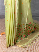 Pastal green Chanderi silk cotton Jamdani woven saree- PBRJ28