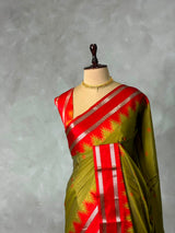 Olive Green and Red Semi banarasi silksaree -PFAZ12D