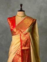 Sandal and Red banarasi silk saree -AISH20B