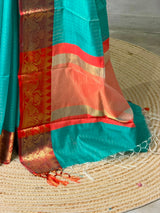 Aqua blue and Red banarasi silk saree -AISH20