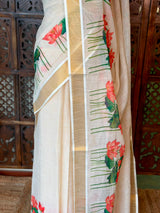 Off white soft semi linen saree -PONAM26N4