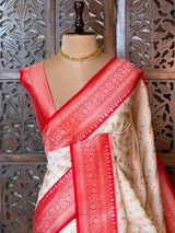 Sandal and Red khadial tissue Banarasi silk saree - RAZ5B