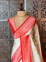 Sandal and Red khadial tissue Banarasi silk saree - RAZ5C