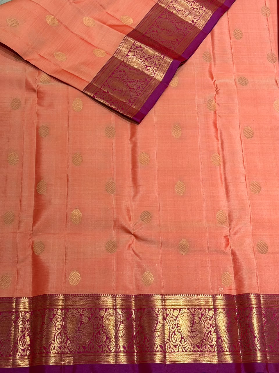 Peach and Magenta Pure Vintage Kanchipuram Silk saree - PPUREN2