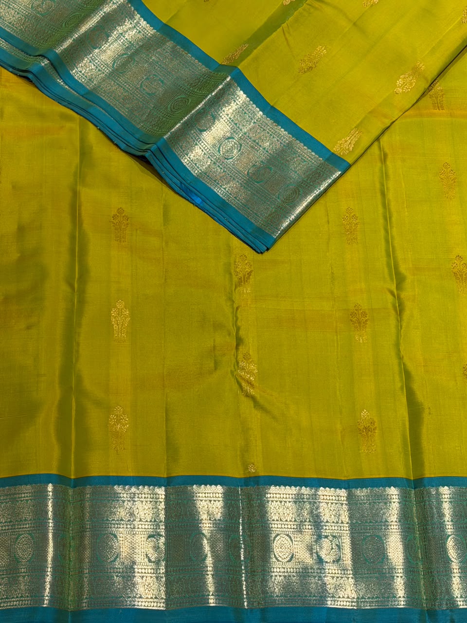 Lime Green and Aqua blue Vintage Kanchipuram Silk saree - PPUREN5