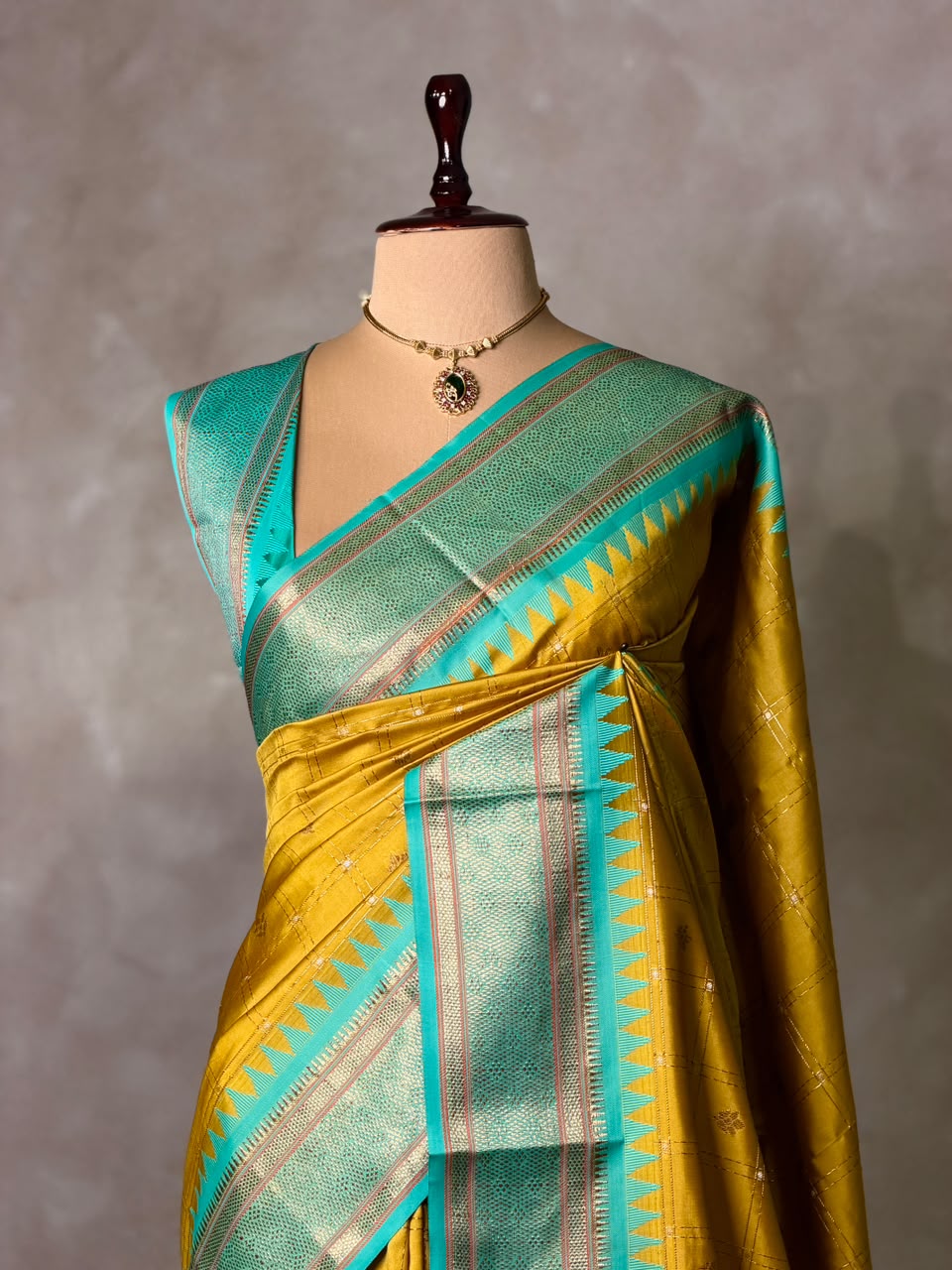 Golden yellow and Aqua blue Silk saree - PBRZU1
