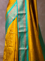 Golden yellow and Aqua blue Silk saree - PBRZU1