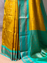 Golden yellow and Aqua blue Silk saree - PBRZU1