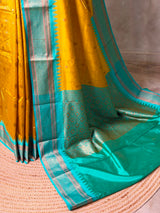 Golden yellow and Aqua blue Silk saree - PBRZU1
