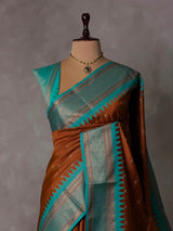 Brown and Aqua blue Silk saree - PBRZU1E