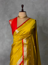Olive Green and Red Silk saree - PBRZU2B