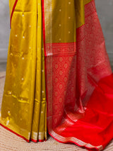 Olive Green and Red Silk saree - PBRZU2B