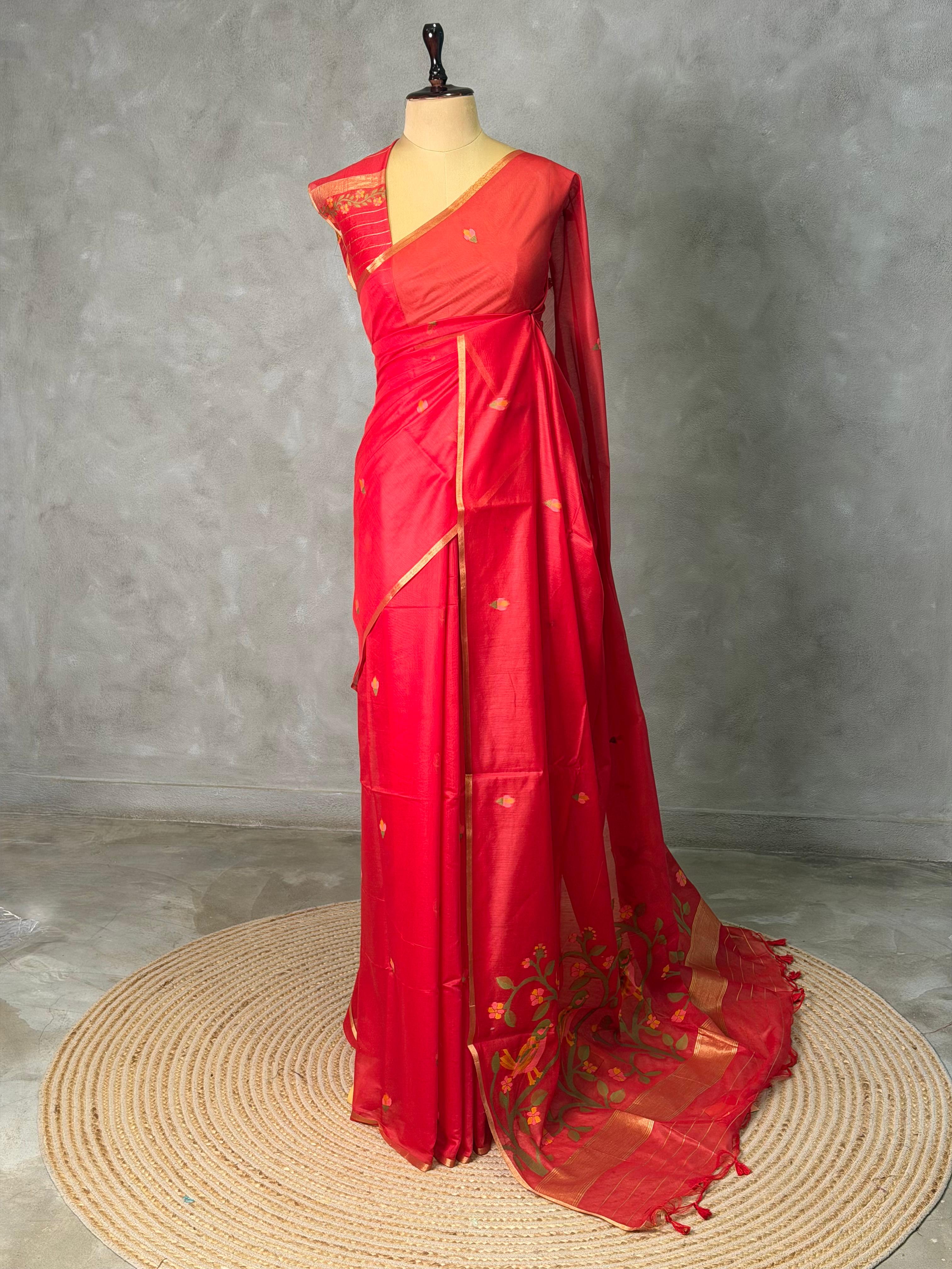 Red Chanderi silk cotton Jamdani woven saree- PBRJ12