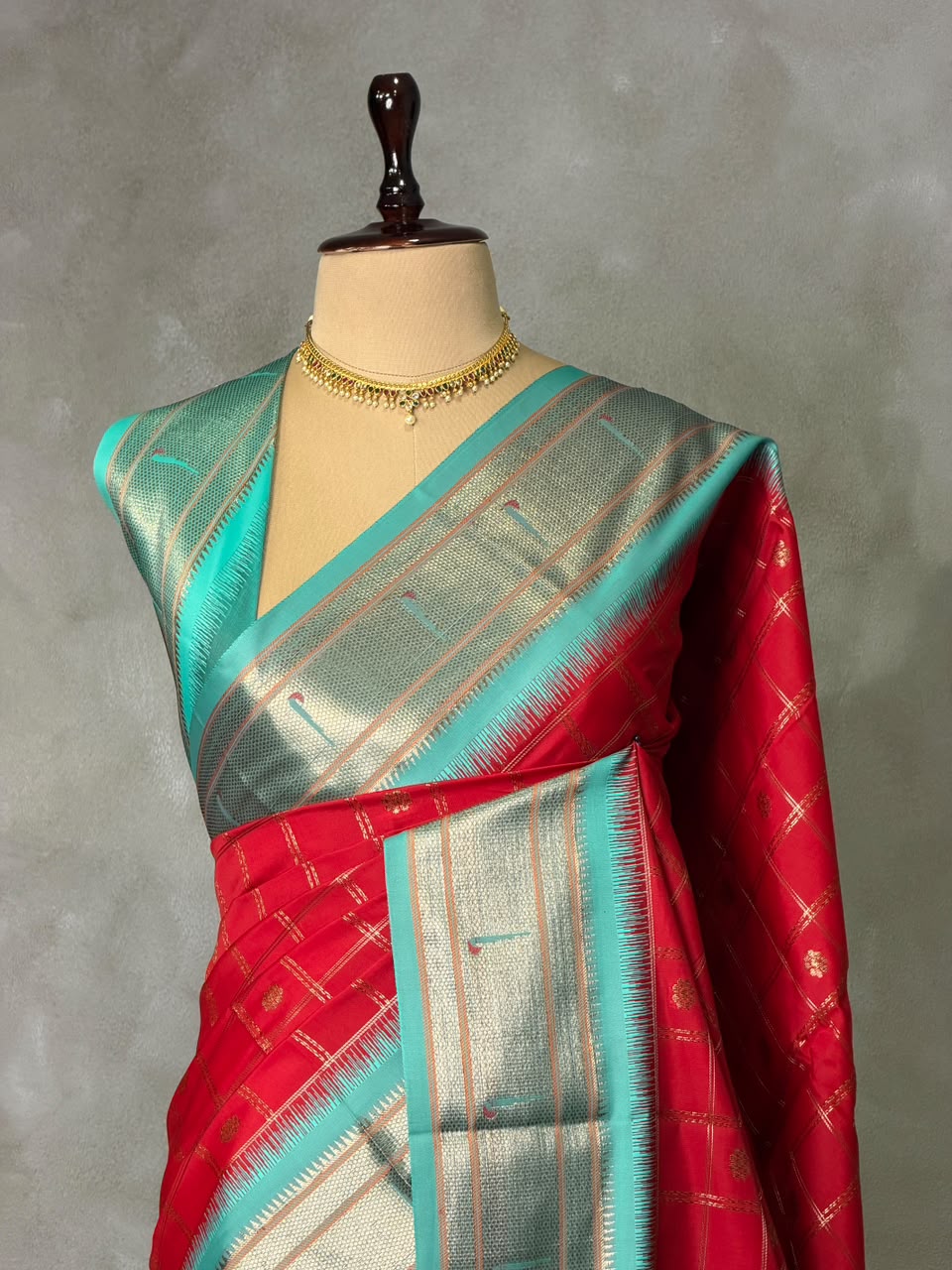 Red and aqua blue Silk saree - PBRZU4