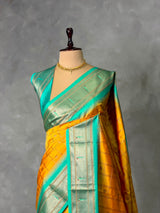 Yellow and aqua blue Silk saree - PBRZU4A
