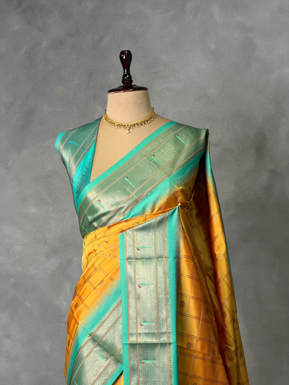 Yellow and aqua blue Silk saree - PBRZU4A