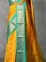 Yellow and aqua blue Silk saree - PBRZU4A