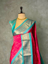 Dark Rose and aqua blue Silk saree - PBRZU4B