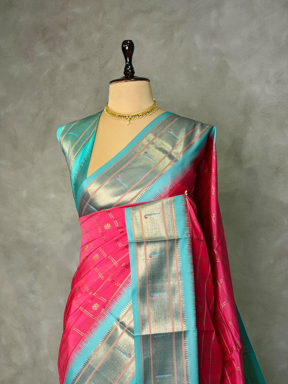 Dark Rose and aqua blue Silk saree - PBRZU4B