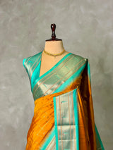 Mustard Yellow and aqua blue Silk saree - PBRZU4C