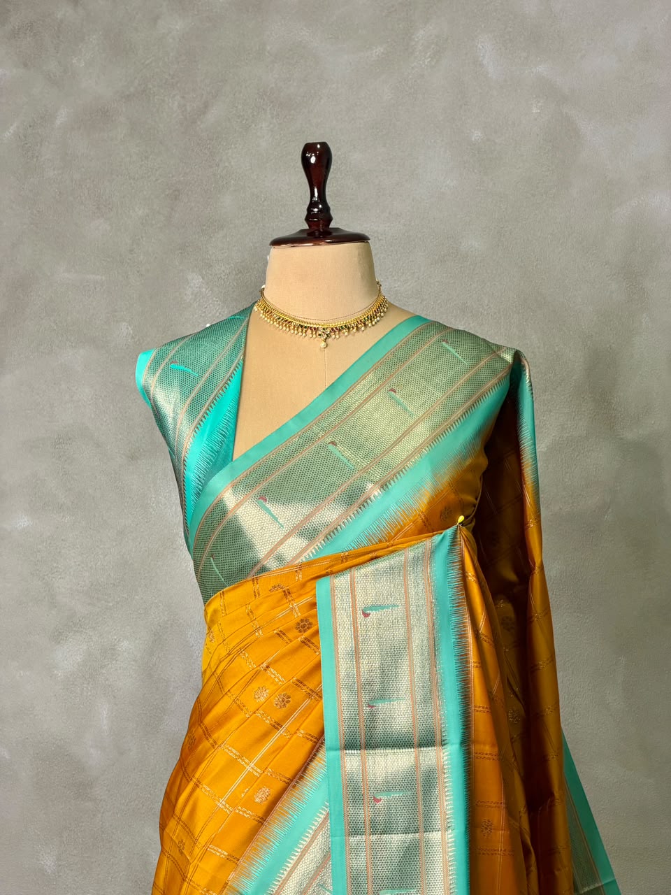 Mustard Yellow and aqua blue Silk saree - PBRZU4C